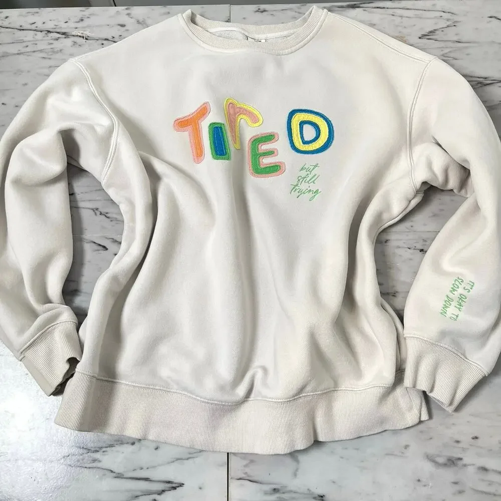 SEE THE WAY I SEE “Tired” Appliqué Sweatshirt Medium Oversized Beige Crewneck - Picture 10 of 10